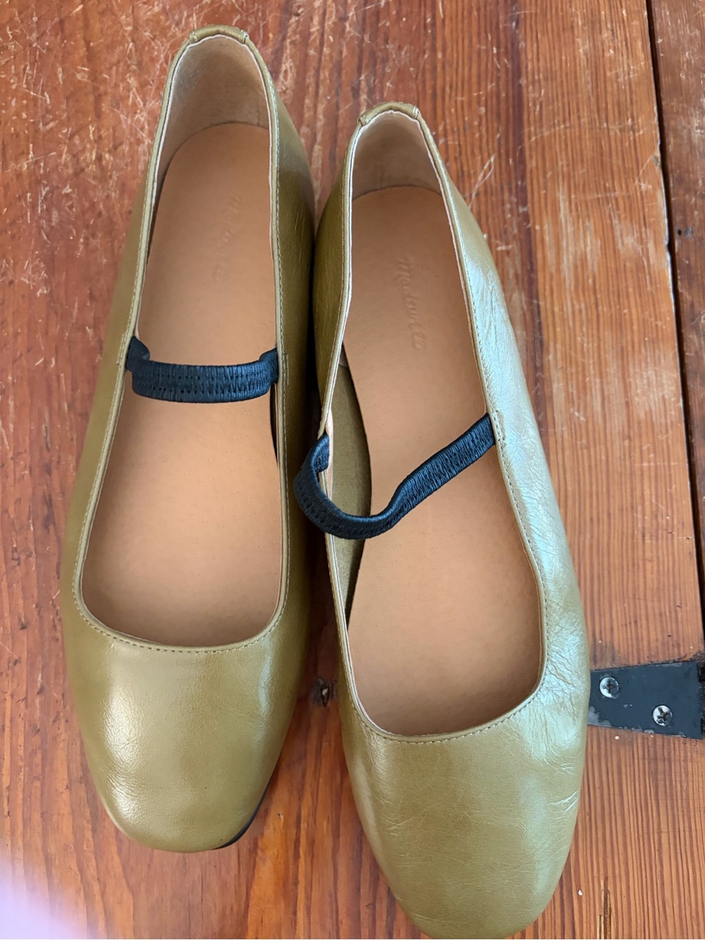 Olive Green Leather Mary Jane Flats with Black Strap - Picture 3 of 5